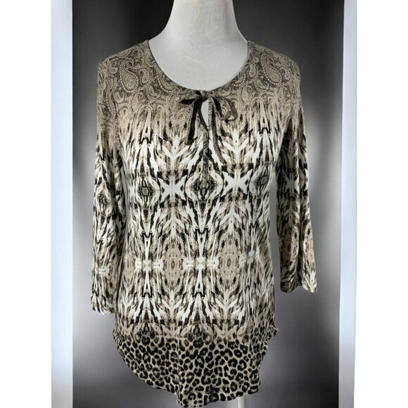 Chicos Brown Animal Leopard Paisley Print Quarter Sleeve Keyhole Tunic Top Small - Picture 8 of 8